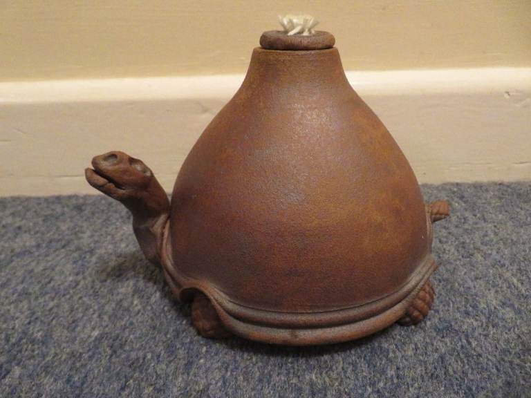 image for Handmade ceramic oil lamp in shape of a tortoise, with cover for wick. As new