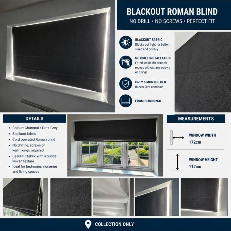 Blinds2Go Charcoal Blackout Roman Blind 172cm x 112cm – No Drill