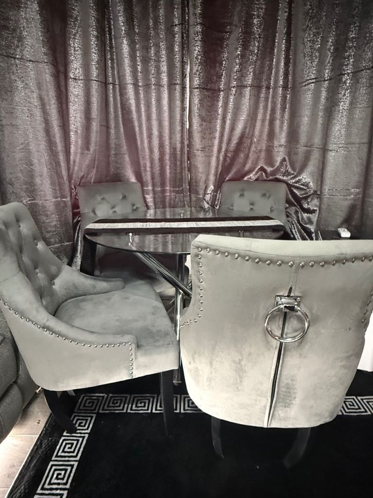 Glass Dining Table with 4 Grey Velvet Chairs – Good Condition