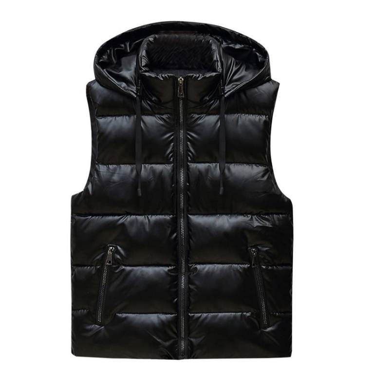 Black Sleeveless Puffer Vest with Hood