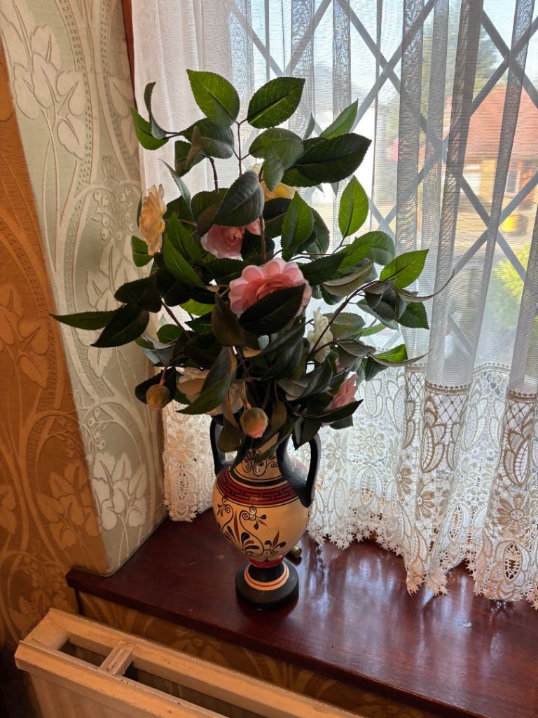 Decorative Fake Plant & Greek Style Ceramic Vase – Good Condition