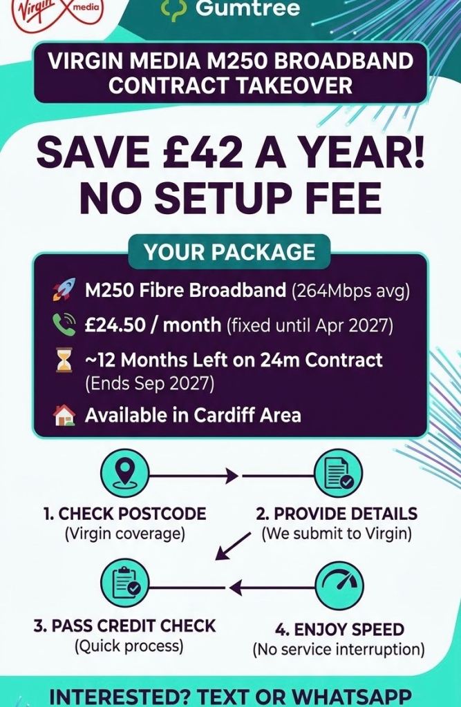 Virgin Media M250 Broadband Contract Takeover – £24.50/month, 264Mbps, ~12 months left! (Cardiff)