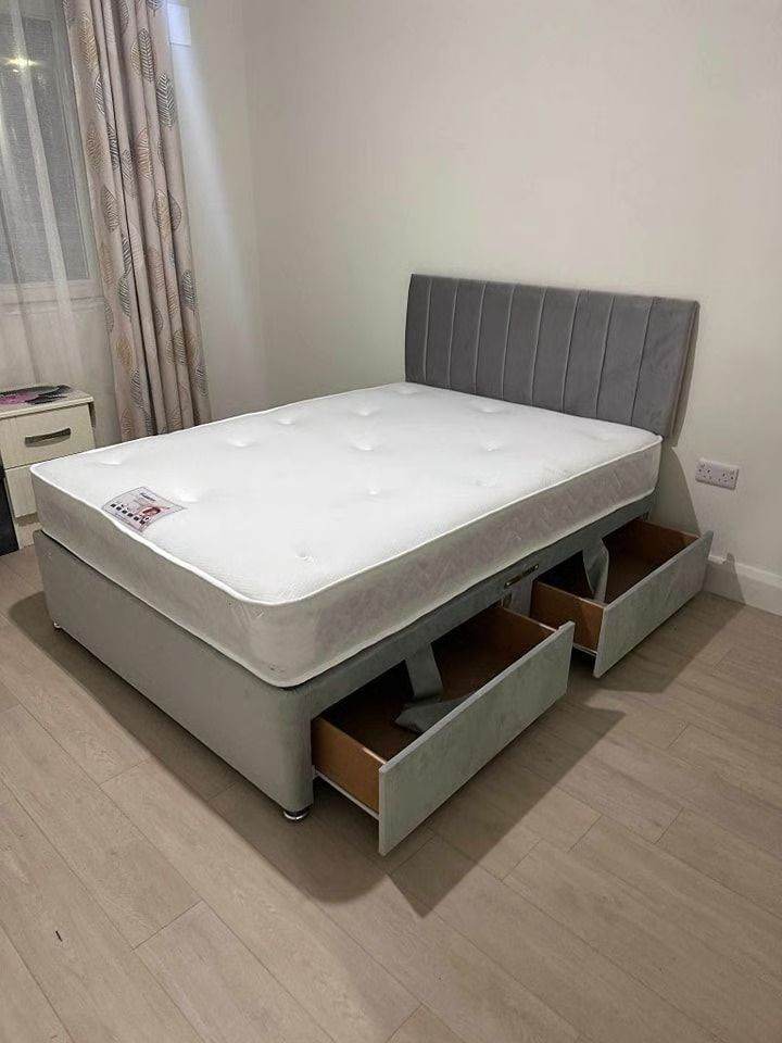 image for 😍 Trending Offer 😘 4ft6 Double Divan bed base  + Deluxe Headboard ⚡ Hurry