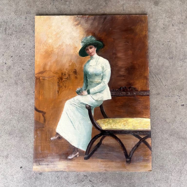 Original Signed Oil Painting – Edwardian Lady by A. Grossman (38cm x 51cm)