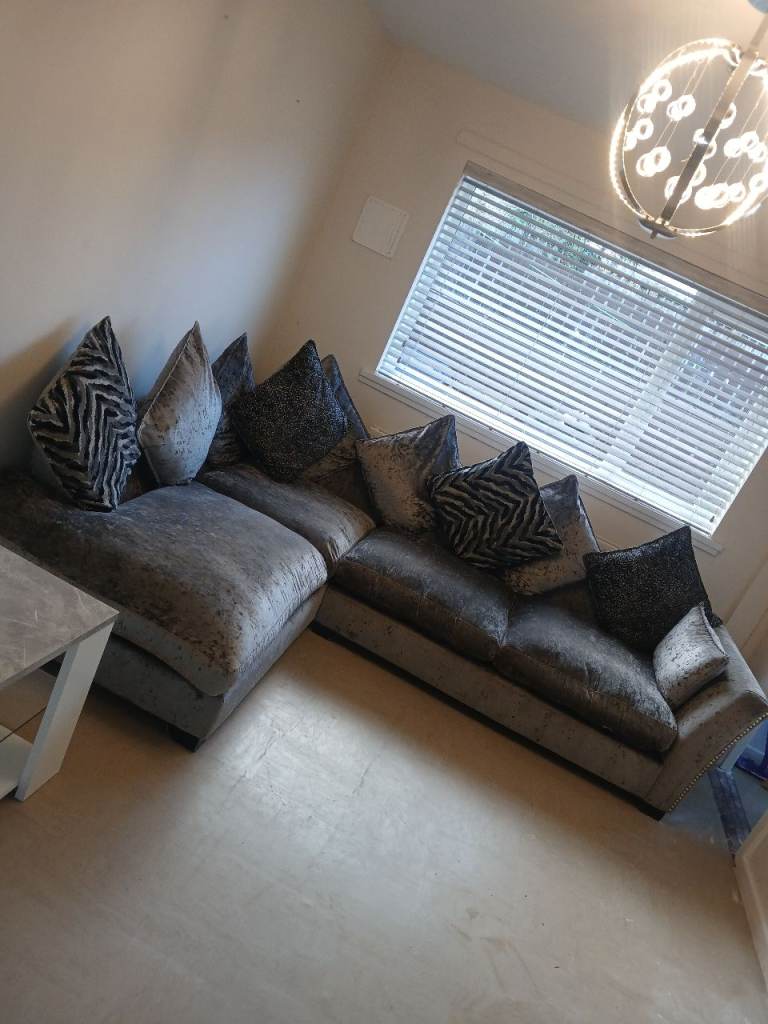 Grey Velvet Corner Sofa and Armchair Set – Good Condition