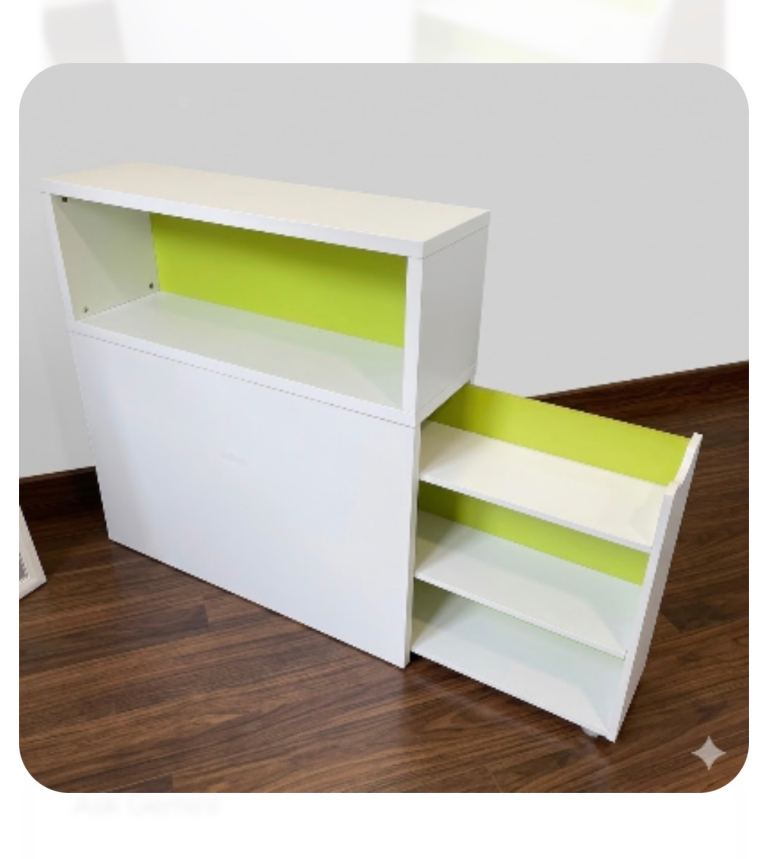 IKEA FLAXA kids single bed headboard with built-in storage drawers. space-saving design.