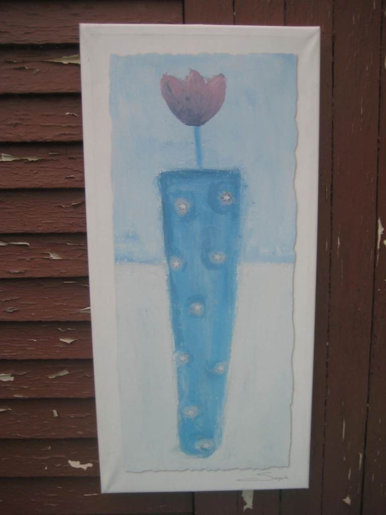 Simplicity - Single Tulip in a Blue Glass Vase Painting on Canvas for £5.00