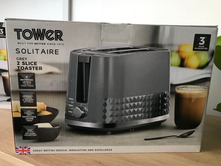 Tower Solitaire Grey 2 Slice Toaster – Brand New