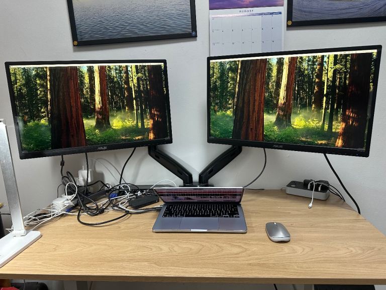 Complete set up of electrical adjustable table and 2 monitors.