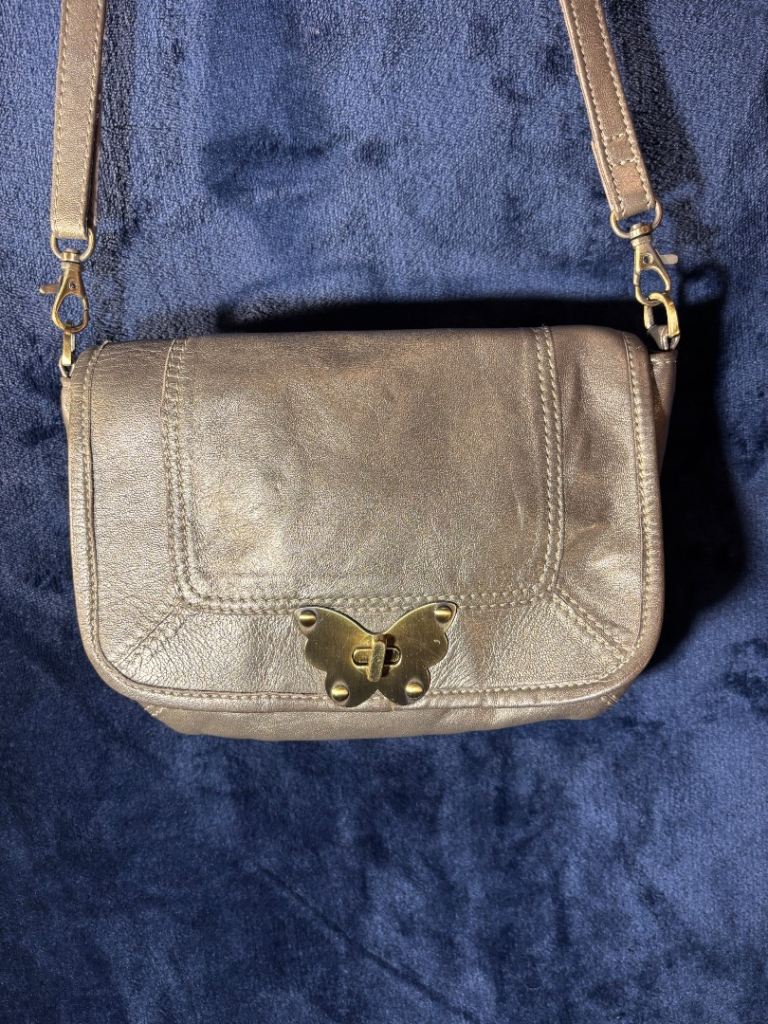Vintage Oasis Leather Metallic Pewter/Pale Gold Cross-body/Messenger Bag VGC