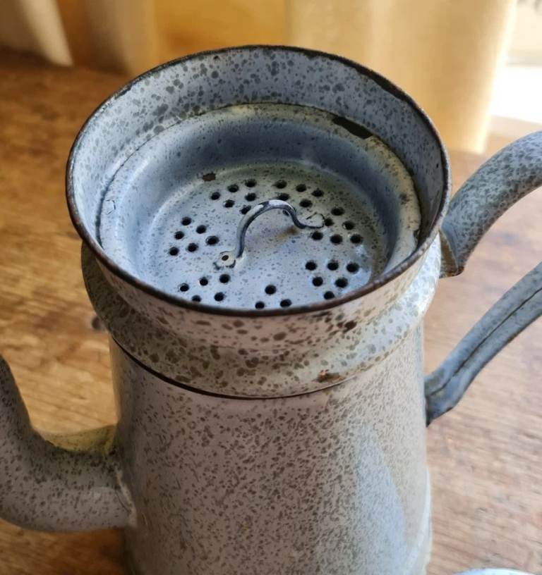 Antique Rare French 4 Piece Drip Blue Mottled Enamel Coffee Pot Cafeteria