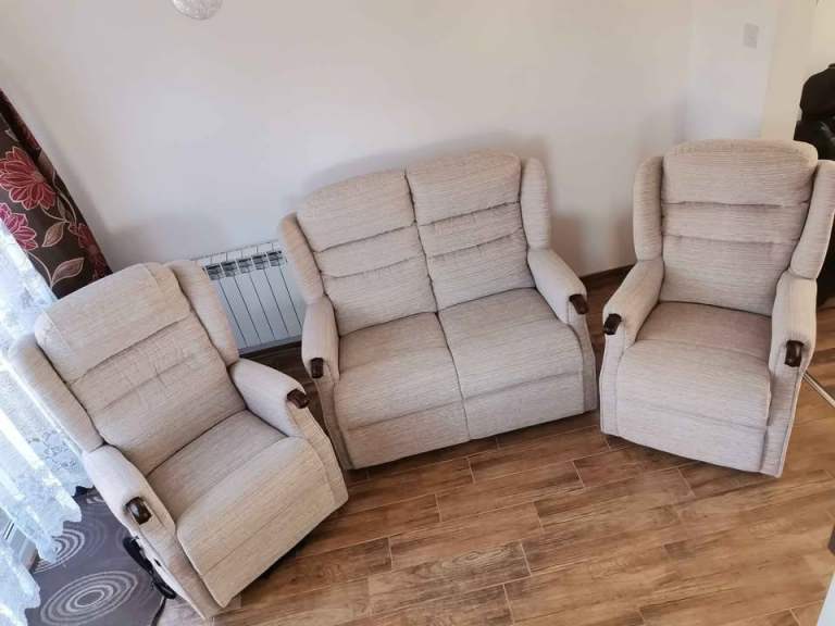 CAN DELIVER - 3 PIECES SUITE - 2-SEATER SOFA + RISER RECLINER CHAIR + STANDARD CHAIR 