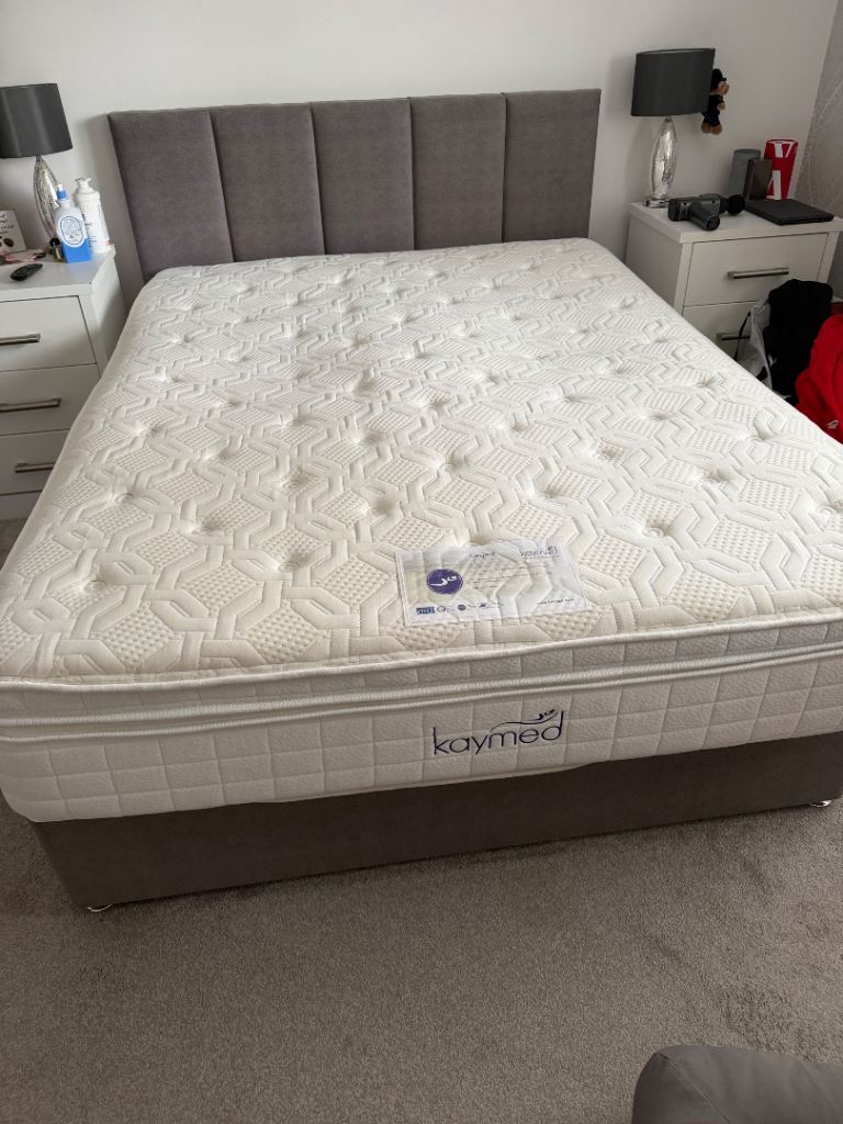 King size divan bed base and headboard and kaymed mattress 