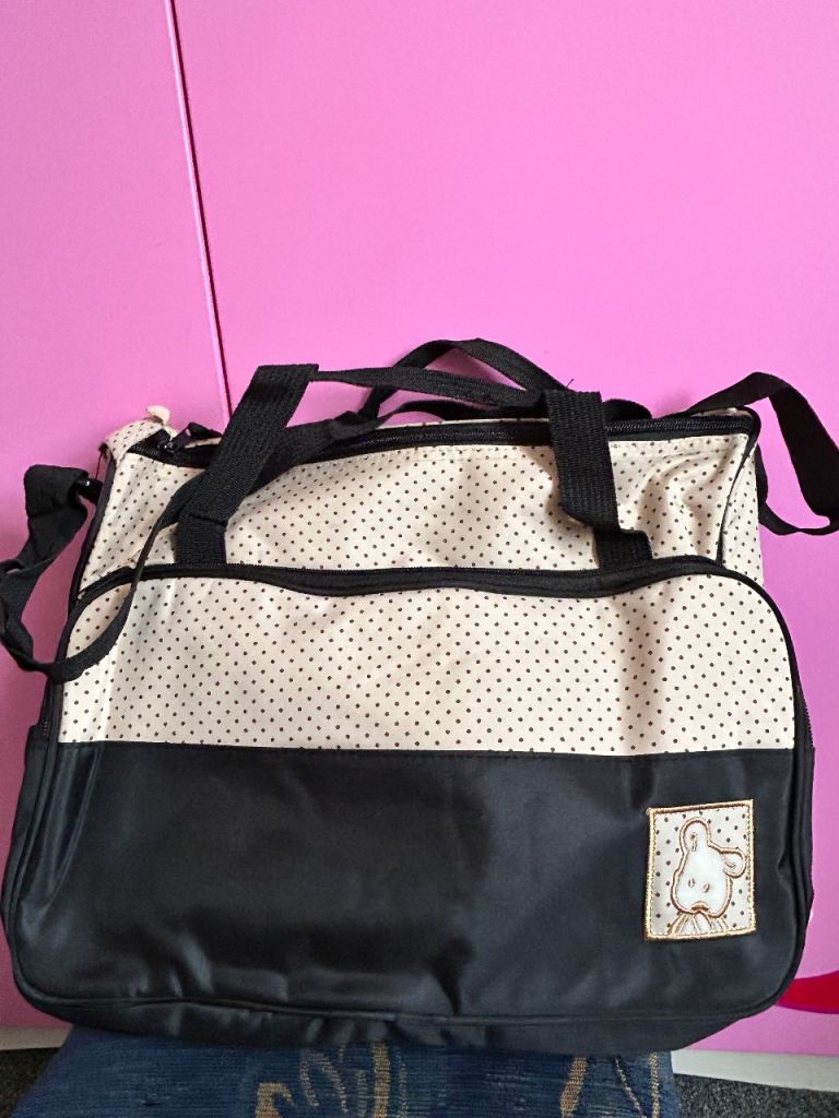 Polka Dot Baby Changing Bag – Beige and Black, Good Condition