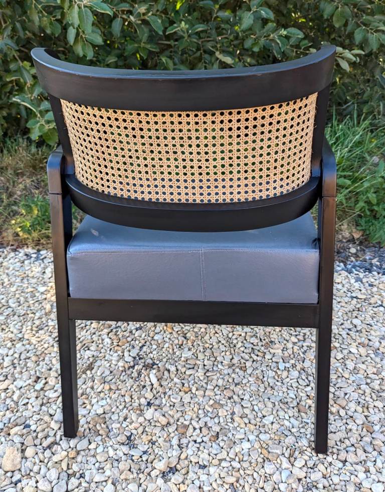 Pair Rattan Back Black Carver Dining Chairs - Occasional Armchairs Cafe Chairs