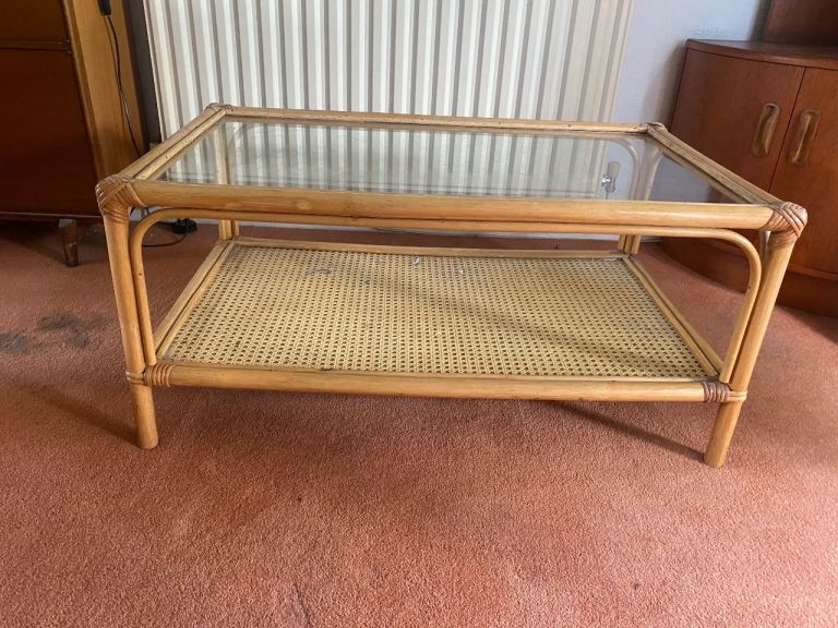 Retro Rattan and Glass Coffee Table – Good Condition