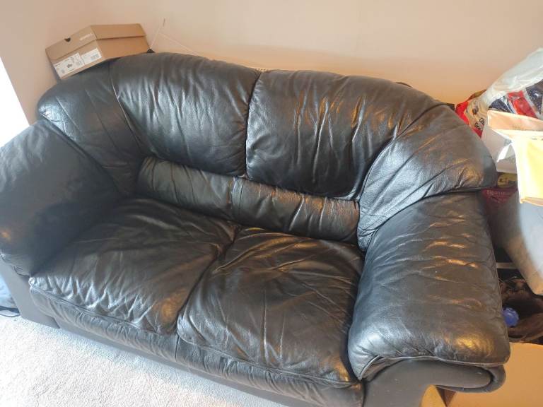 Black Leather Two-Seater Sofa – Good Condition