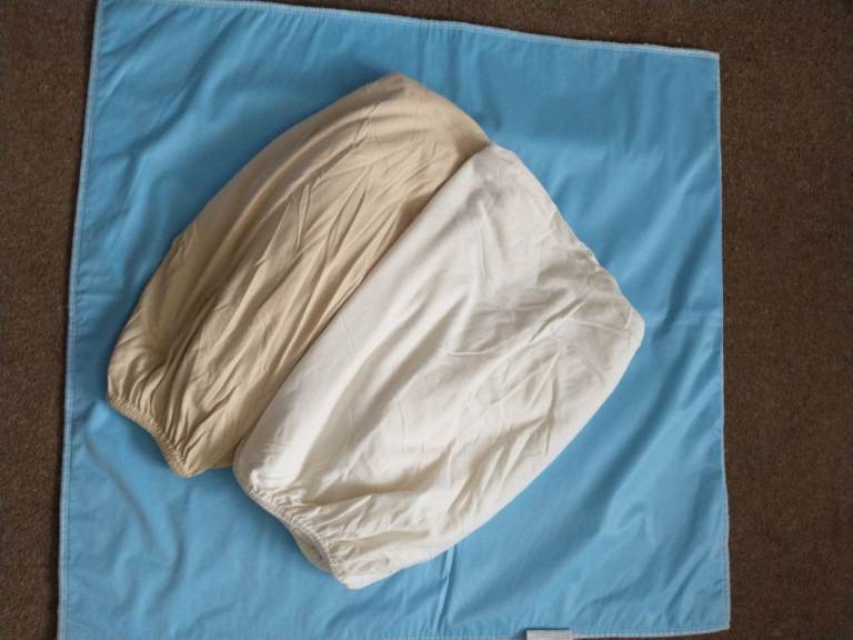 COT-BED FITTED SHEETS, 2 Mothercare, brushed cotton and WATERPROOF PROTECTOR PAD, Boots. Exc. cond
