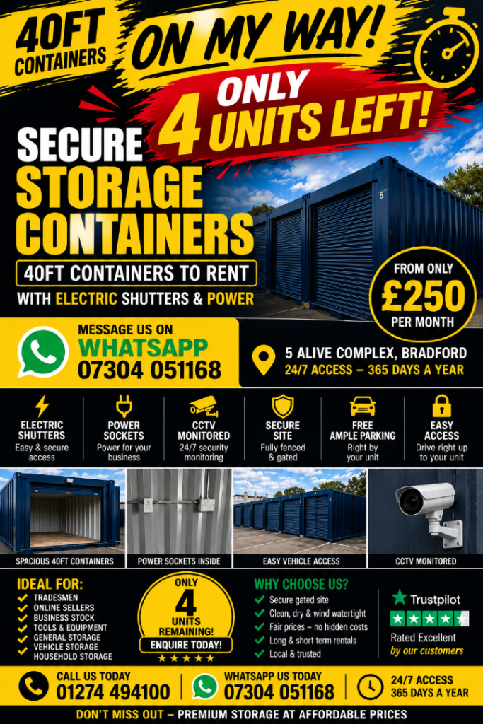 40ft Secure Storage Container to Rent | Electric Shutter | Power | Bradford | £250pcm