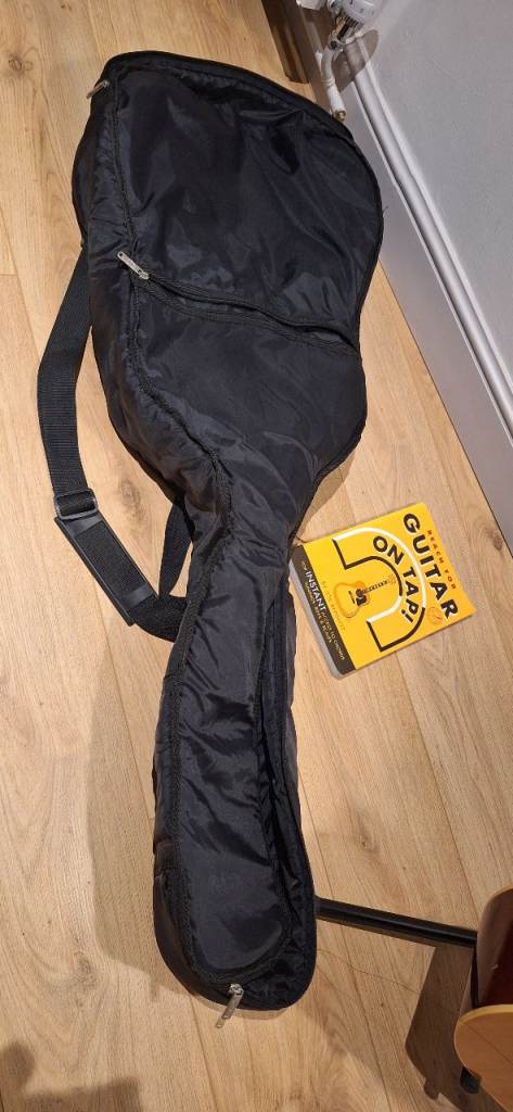 Star Fire 12 string acoustic guitar with case, capo, stand, strap and book.