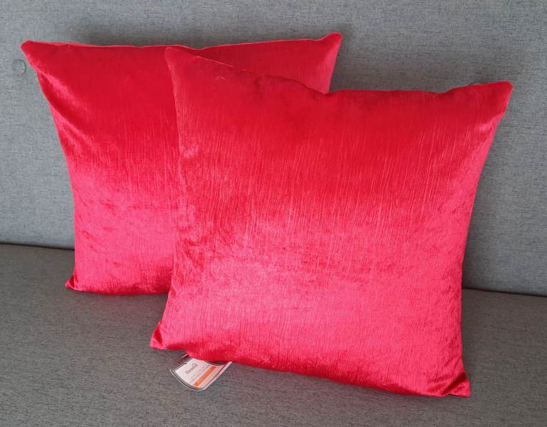 image for 4 New Red Cushions from Dunelm Mill, 43x43cm, 17x17", Velour, Slight Shimmer, RRP £8+£5 each