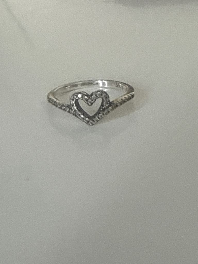 Pandora Silver-Coloured Heart Ring with Stones – Good Condition