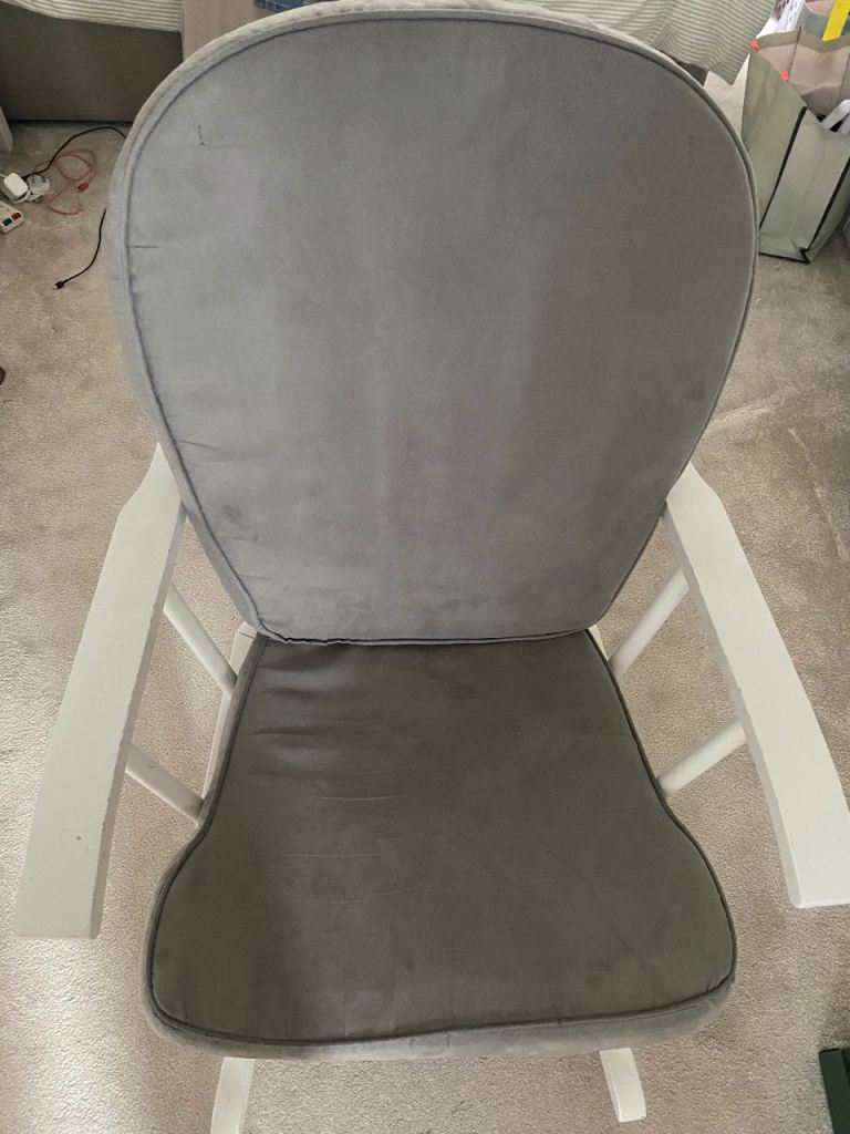 White Wooden Rocking Chair with Grey Cushions – Good Condition