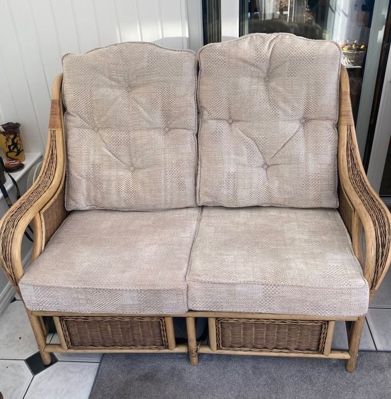 Beige Fabric and Cane Wicker Two-Seater Conservatory Sofa