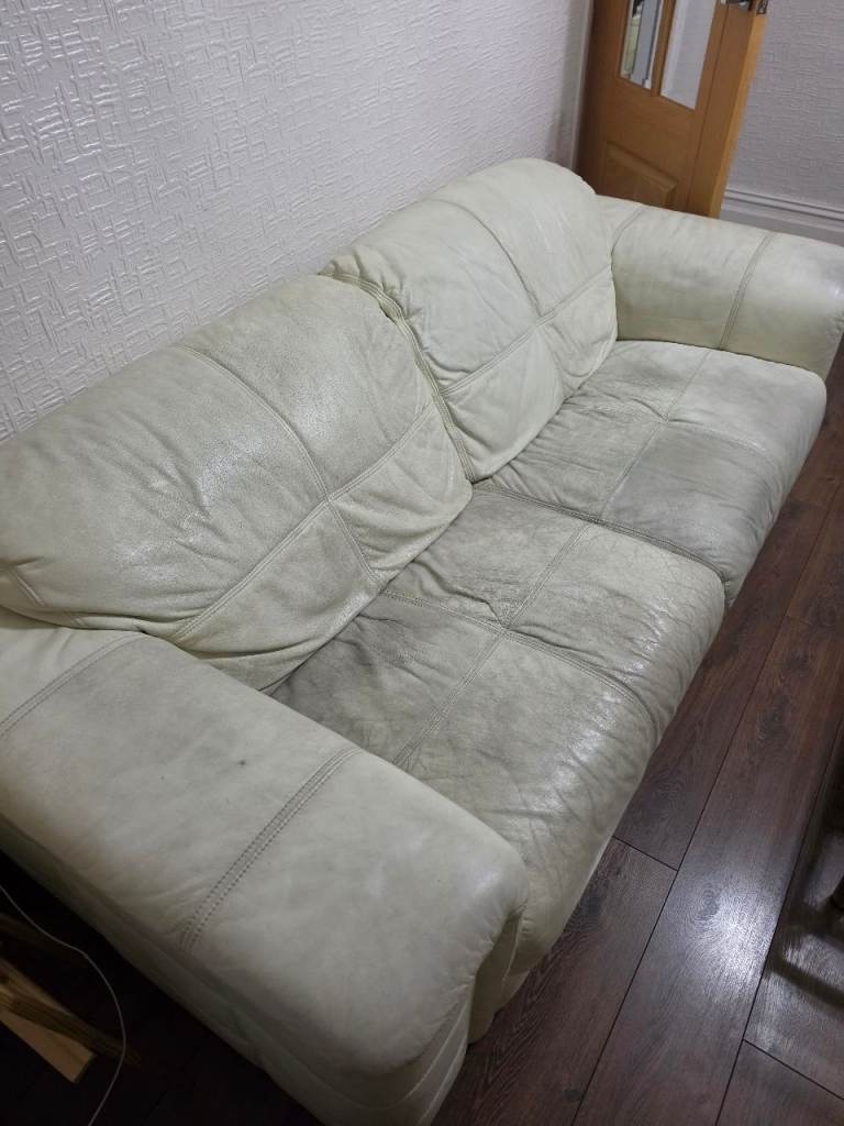 Cream Leather Three-Seater Sofa – Fair Condition
