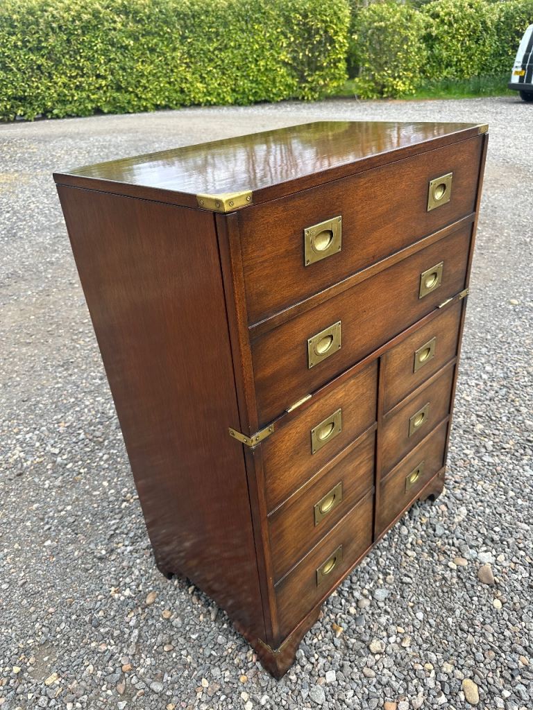 Campaign Style Mahogany Bureau Chest  of Drawers Drop Front Writing Desk Brass Storage