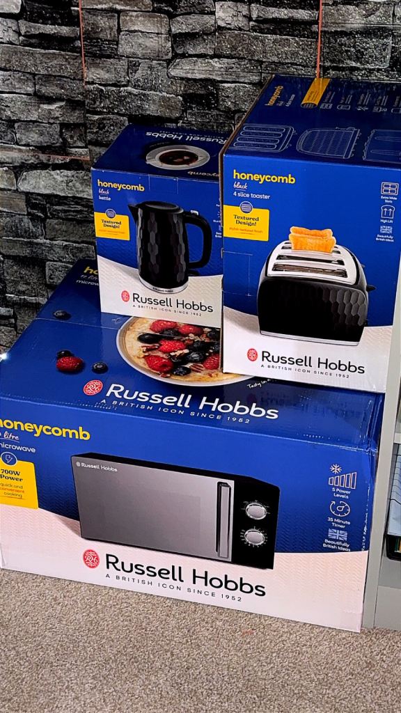 Brand New Russell Hobbs Black Honeycomb Kitchen Set – Microwave, Toaster & Kettle