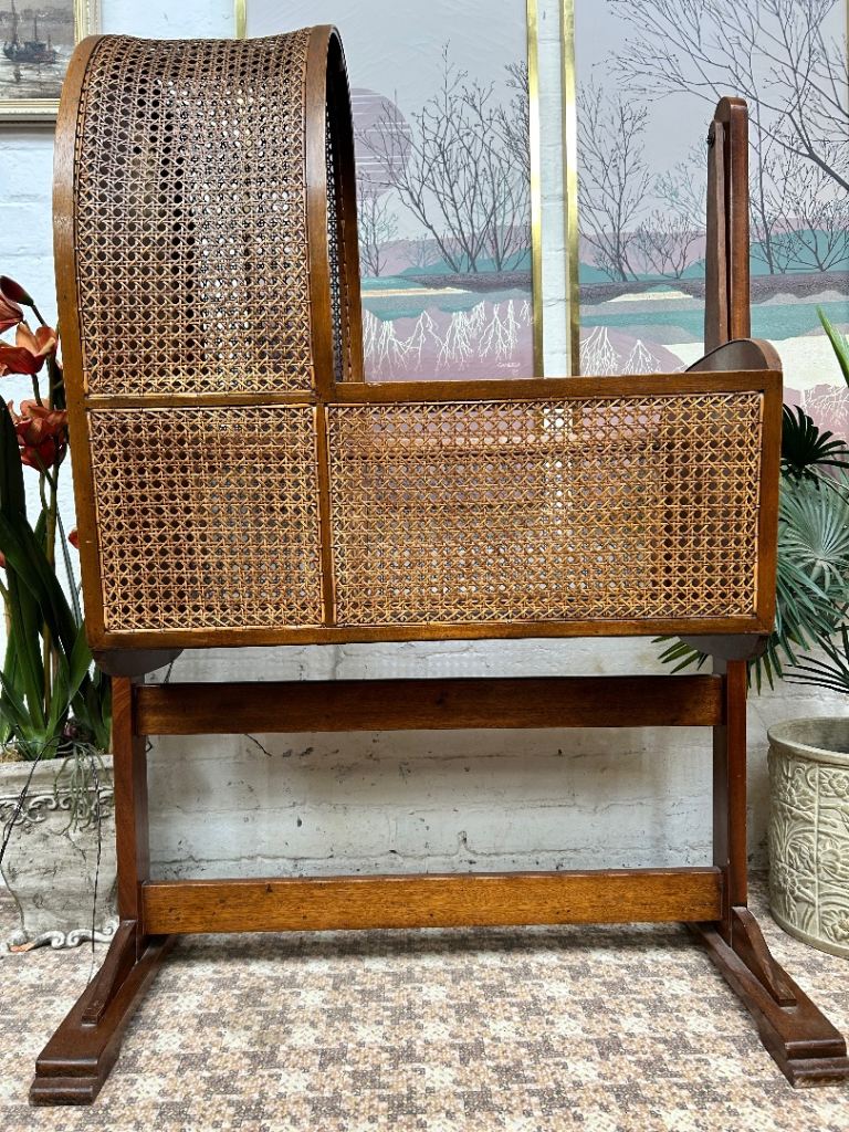 Antique Baby Cradle Rocking Crib with Original Caning. 