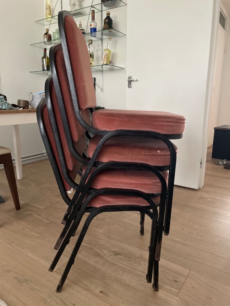 Set of 4 Red Fabric Stacking Dining Chairs – Fair Condition