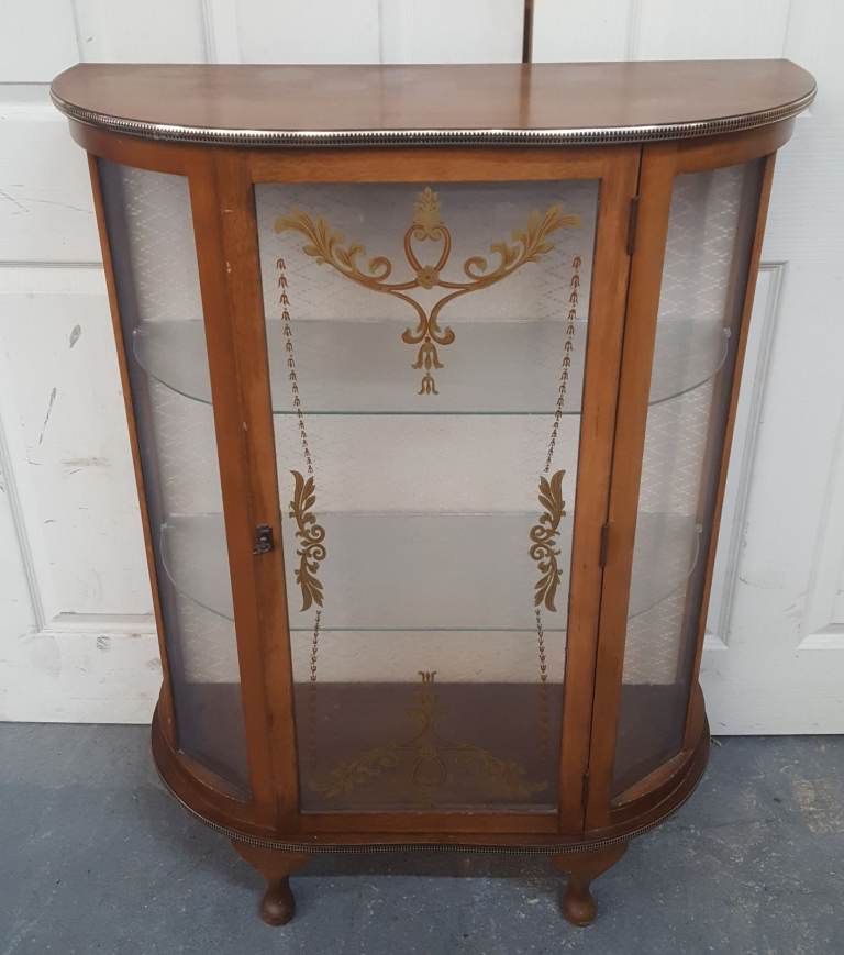 Walnut Bow Fronted Glass Display Cabinet