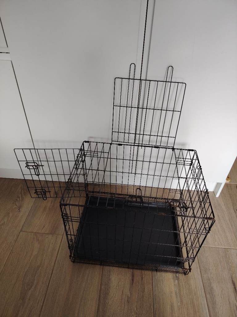 Foldable black metal cage dog pet removable plastic tray 2 doors