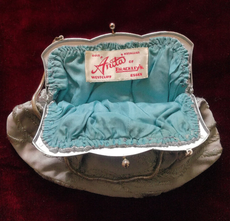 VINTAGE BAG EVENING PURSE Embroidered Diamante Clasp Rope Chain Grey Blue Silk Satin Silver Metallic