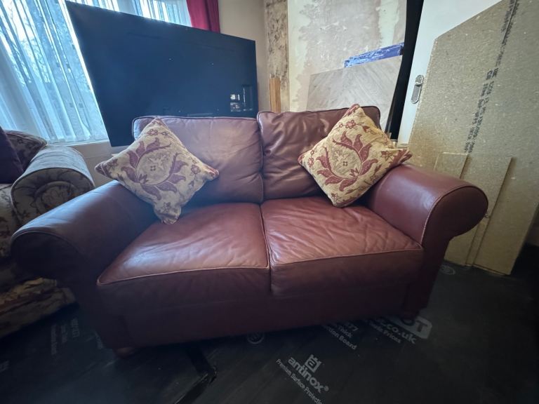 Multiyork Imogen Large + Reg Sofa Shalazar Gold/Red Pattern & Multiyork Leather Reg Sofa Brown