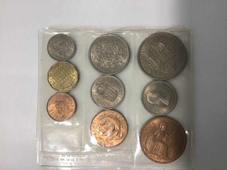Sealed MINT 1953 QE 2nd coronation coin set, English + Scottish shillings inc + FARTHING SUPERB