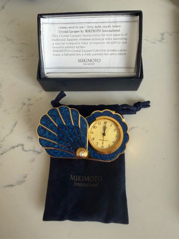 Mikimoto International Shell Travel Clock – Blue & Gold, As New