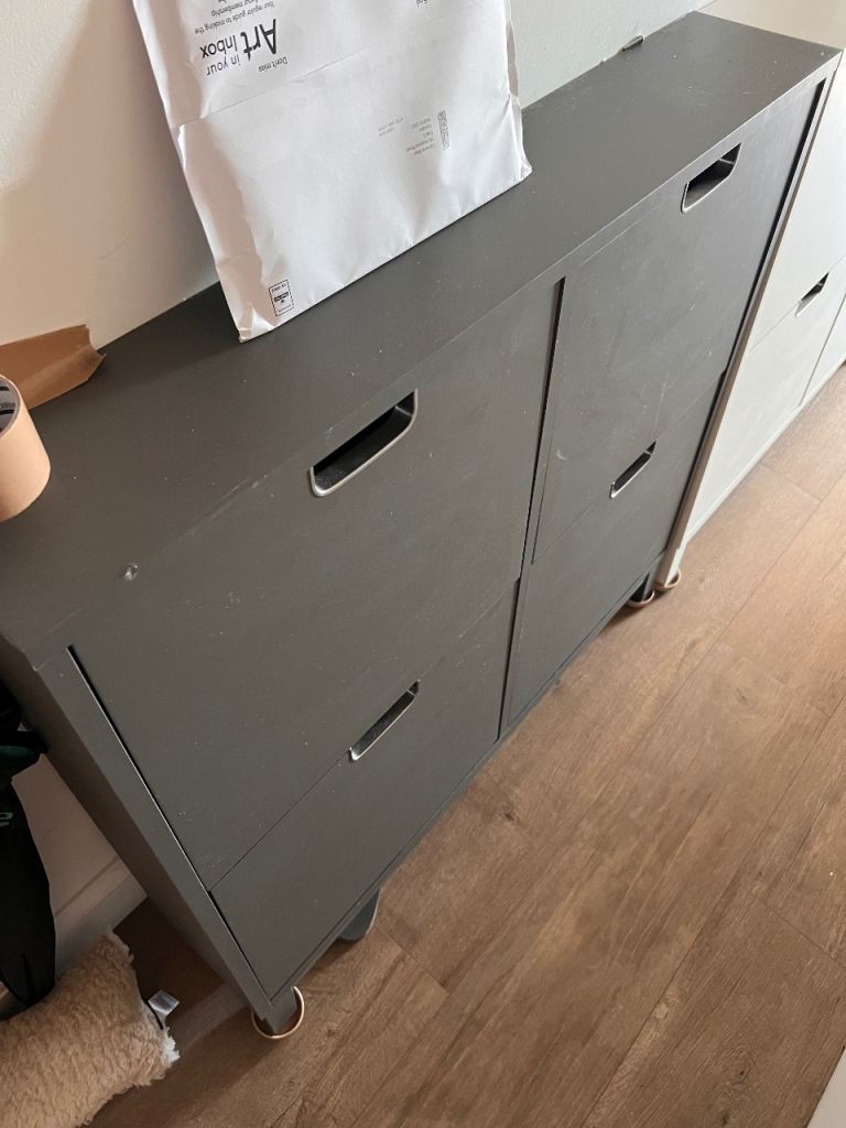 Grey & White Wooden Shoe Cabinet with 2 Tiers/4 compartments – Good Condition (IKEA STÄLL)