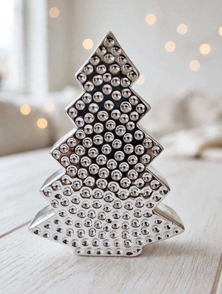 Silver Ceramic Christmas Tree Decoration - Textured Bauble Design