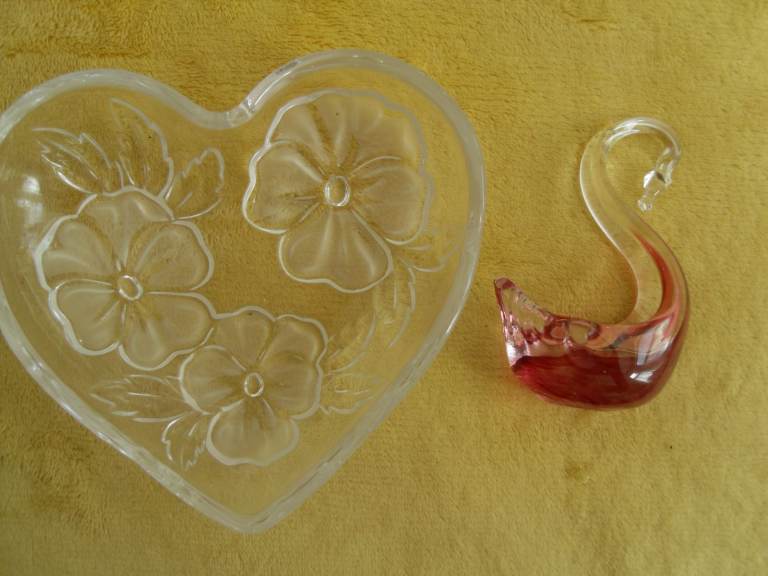 Vintage Glass Heart Shaped Floral Etched Dish and Cranberry Swan Dish