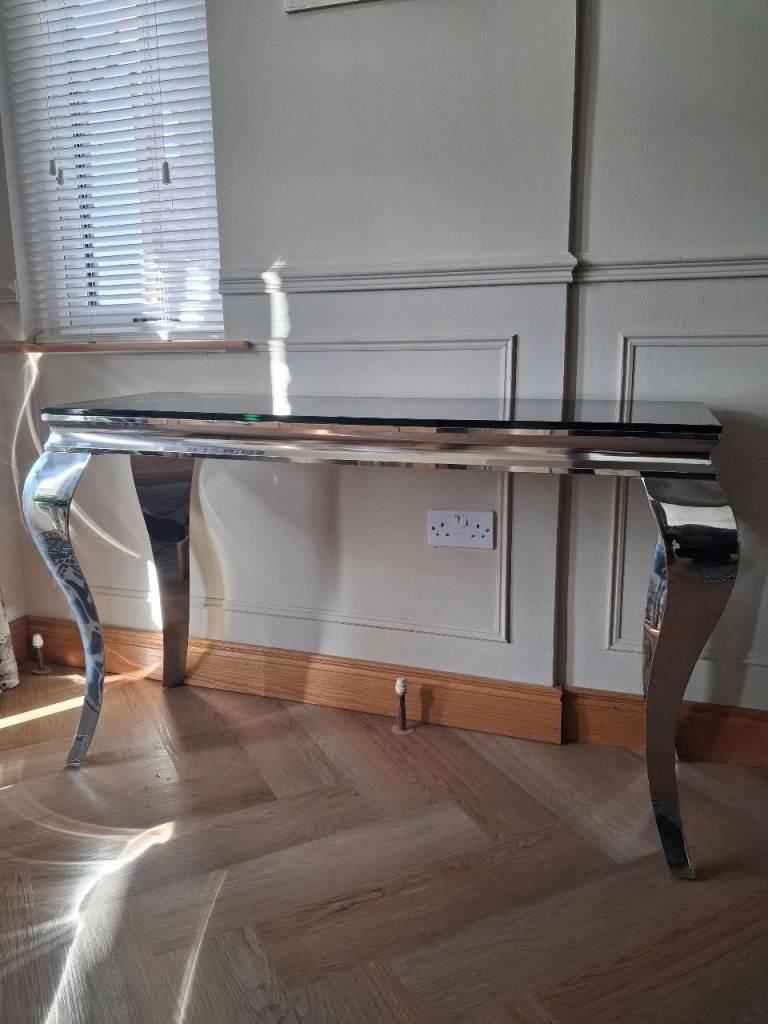 Modern Black Glass Console Table with Chrome Legs – Sleek & Stylish