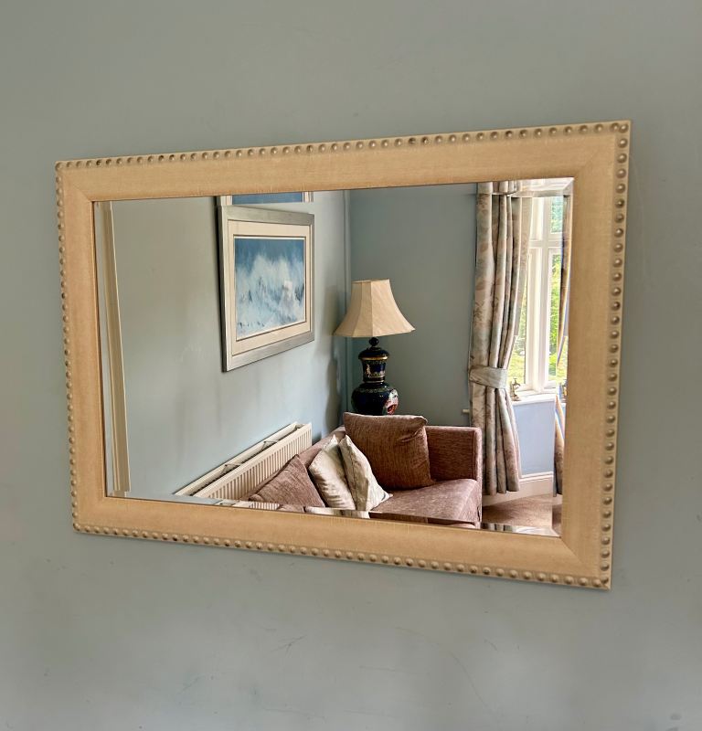 Large Antique White Studded Detailed White Bevelled Mirror  H29in/74cm W42in 107cm   C484