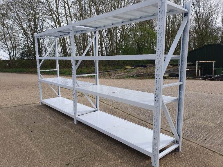 2 Complete Bays of White Metal Racking Shelving with Metal Trays ...