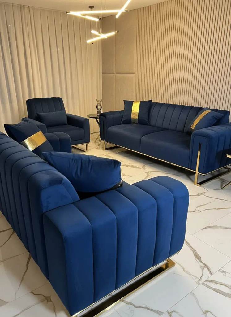 Navy Blue Velvet Sofa with Gold Trim – As Good As New