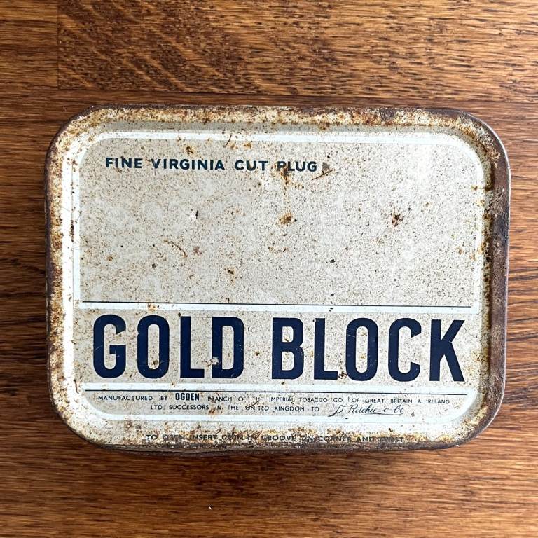 Vintage Gold Block fine Virginia cut plug tobacco tin. 2oz. EMPTY. £3 ovno. CAN POST.
