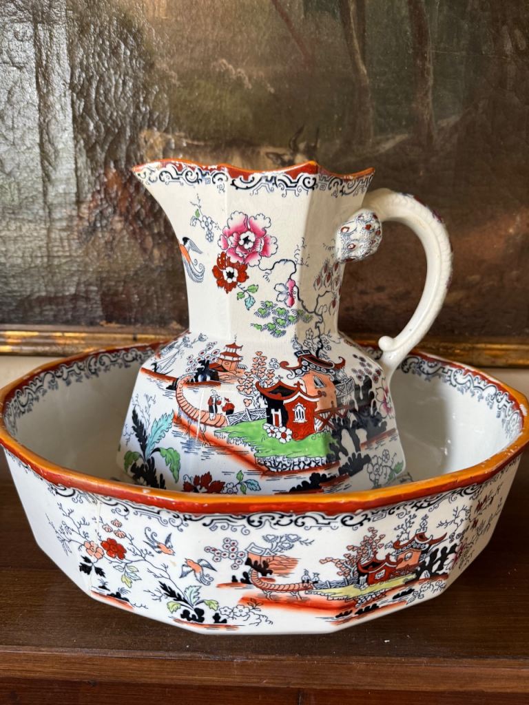 Rare antique Mason's ironstone large wash basin and jug,