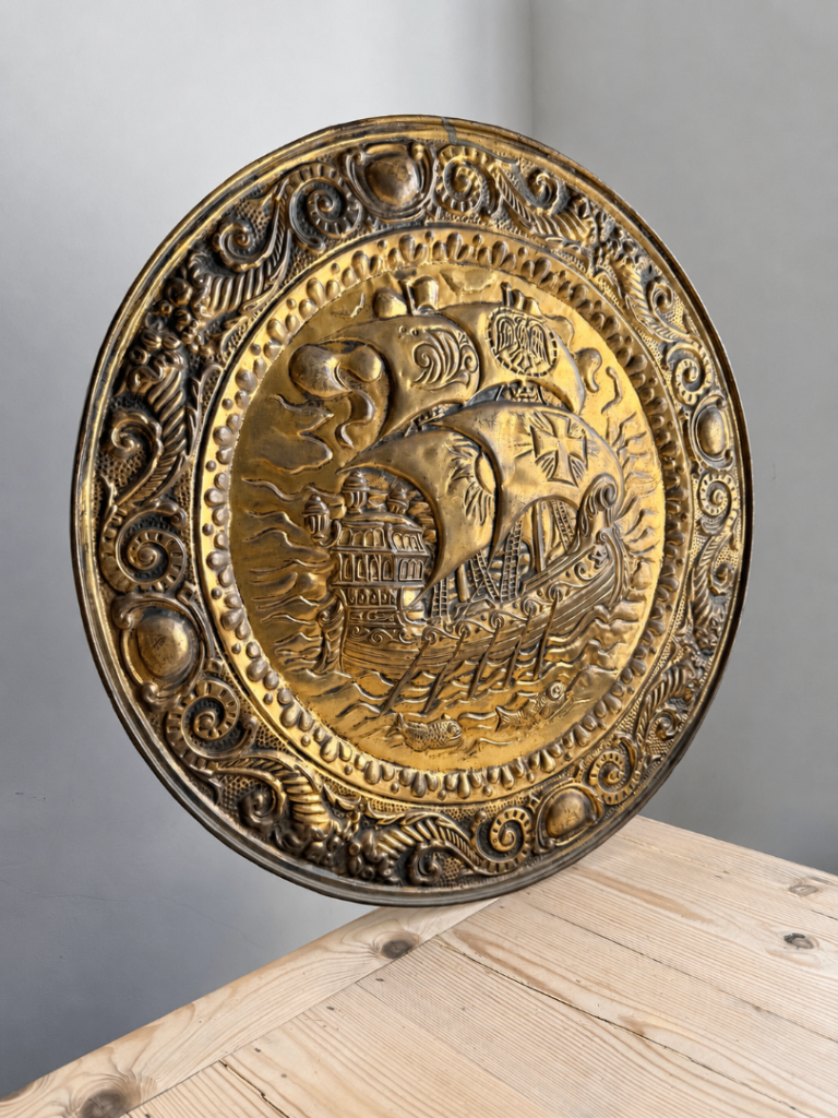 Very Large Vintage Brass Nautical Wall Plate, Sailing Ship With Fish, 63x63cm
