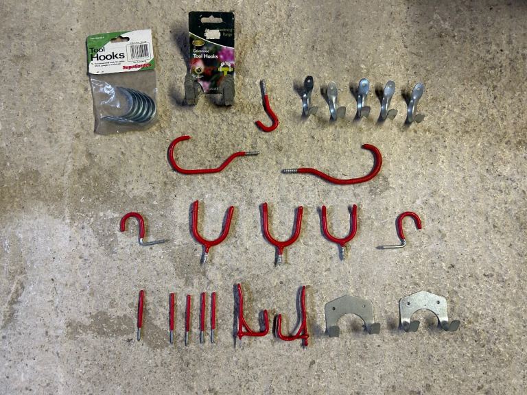 Selection of tool hooks for shed/garage